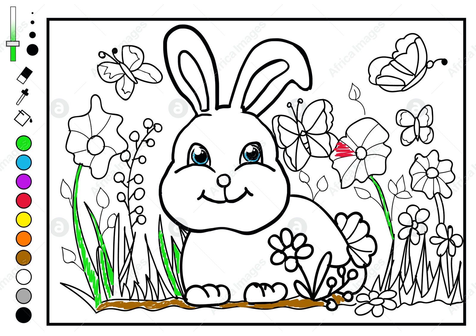 Illustration of Cute little bunny and flowers on white background, illustration. Coloring page