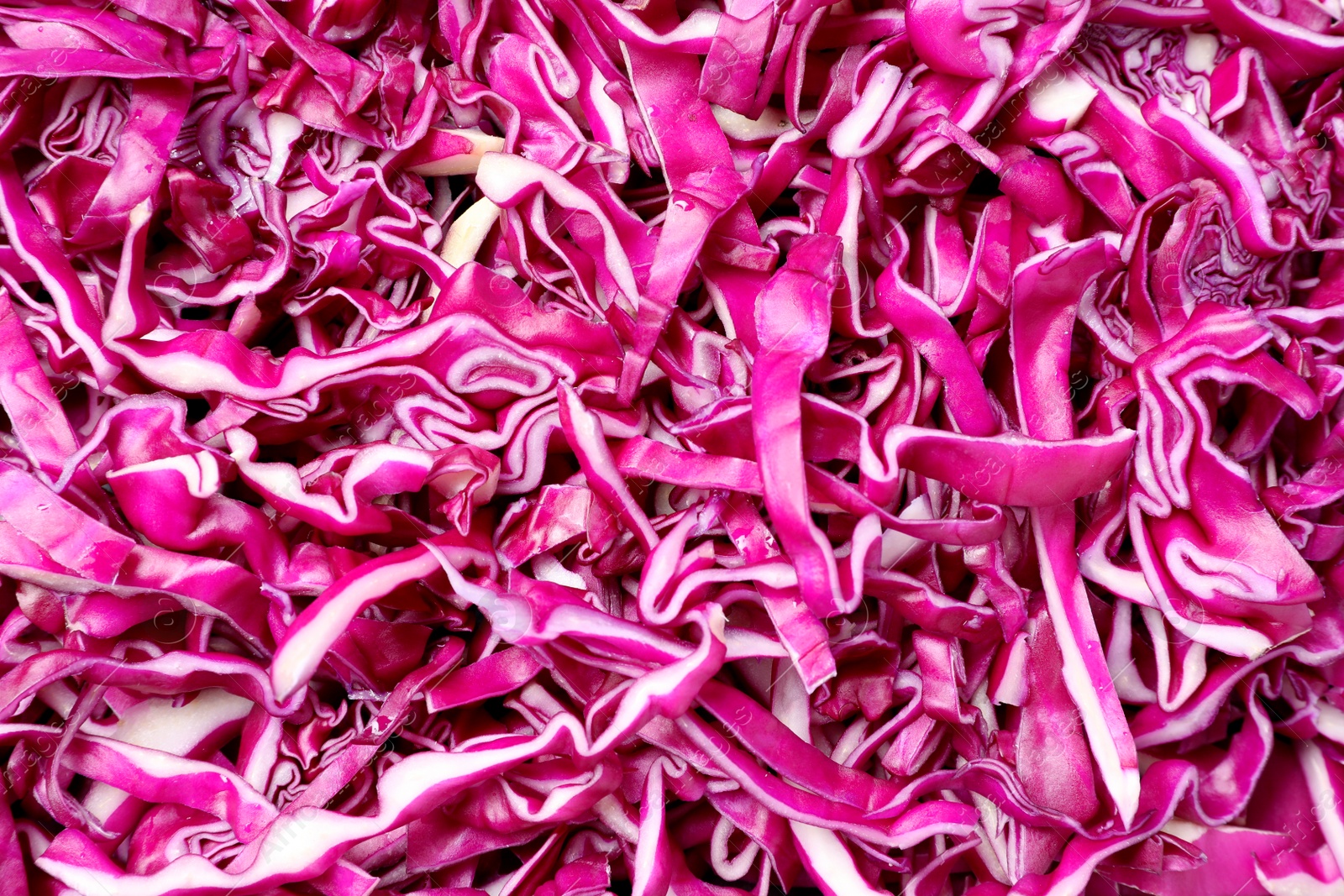 Photo of Tasty fresh shredded red cabbage as background, closeup