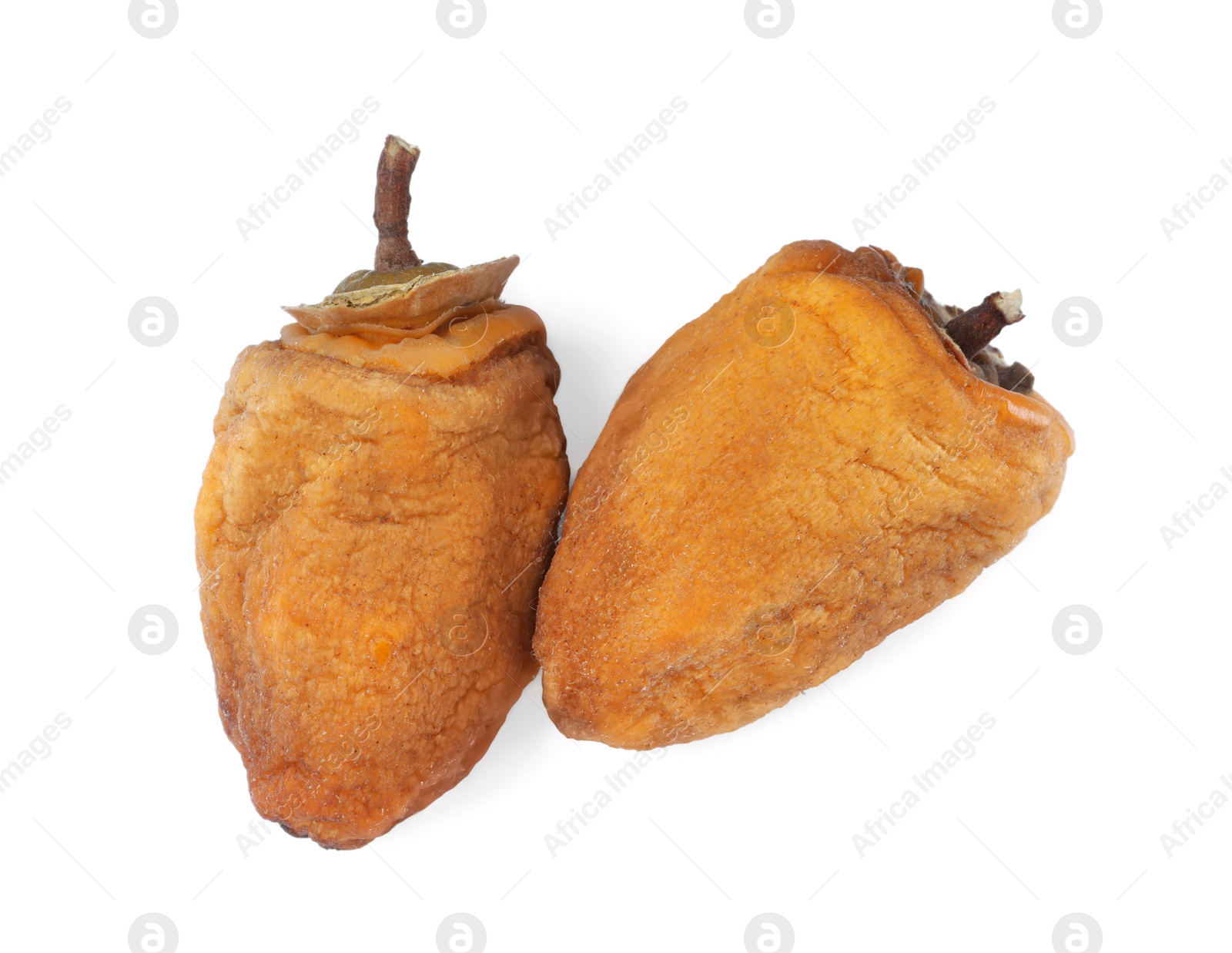 Photo of Tasty dried persimmon fruits on white background, top view