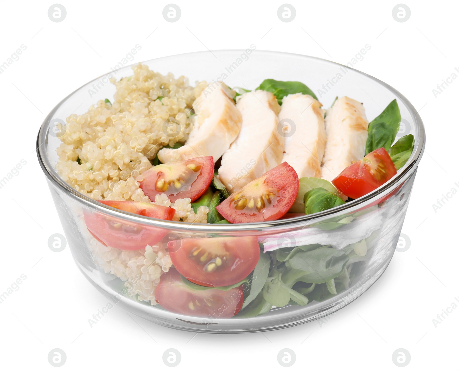 Photo of Delicious quinoa salad with chicken and cherry tomatoes in bowl isolated on white
