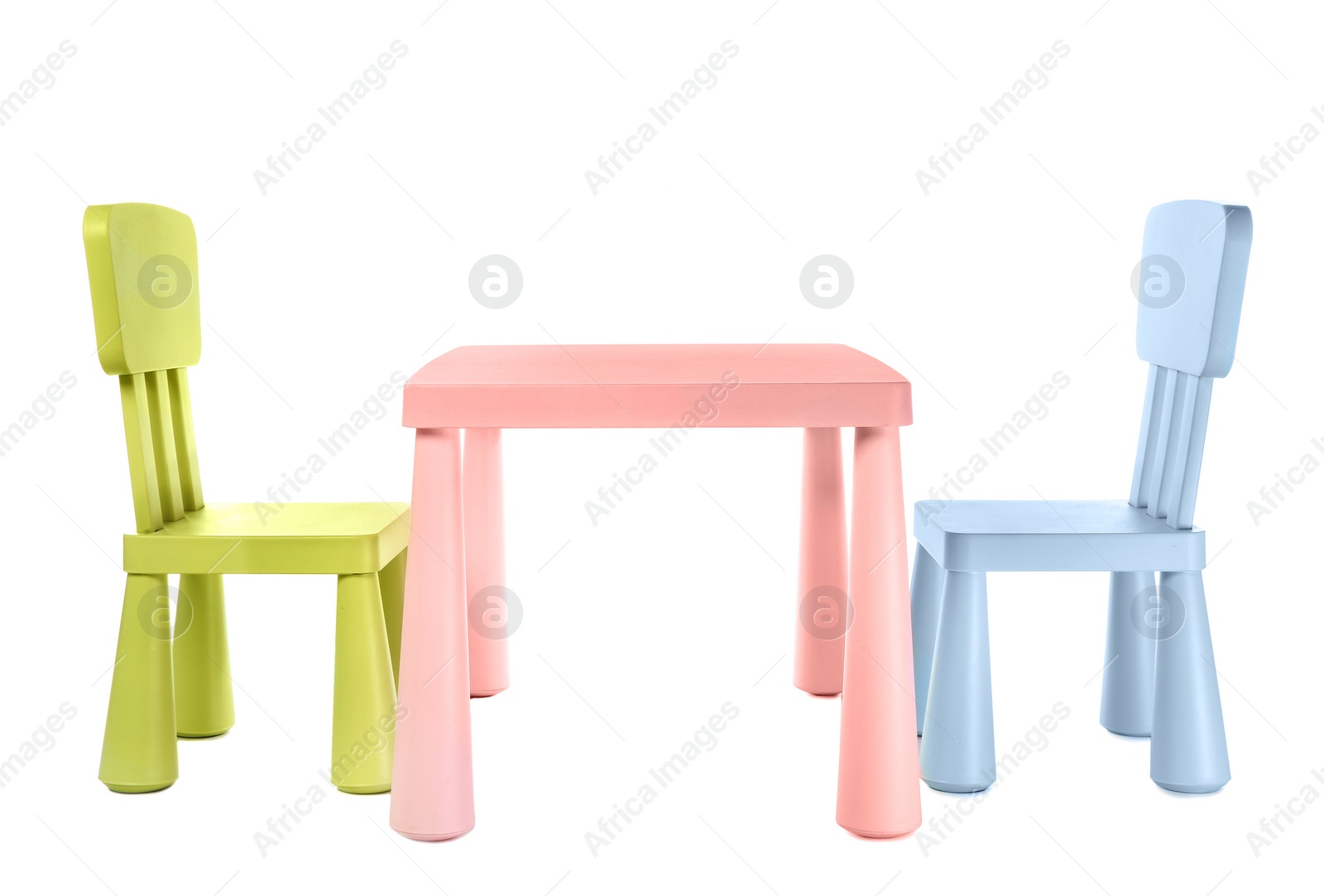 Photo of Colorful table and chairs for little kids isolated on white