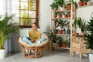 Young woman using laptop in room with different home plants