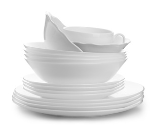 Photo of Stack of plates and cup on white background