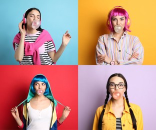 Image of Collage with photos of woman blowing bubblegum on color backgrounds