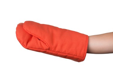 Photo of Chef in oven glove on white background, closeup