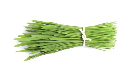 Photo of Bunch of fresh wheat grass sprouts isolated on white, top view