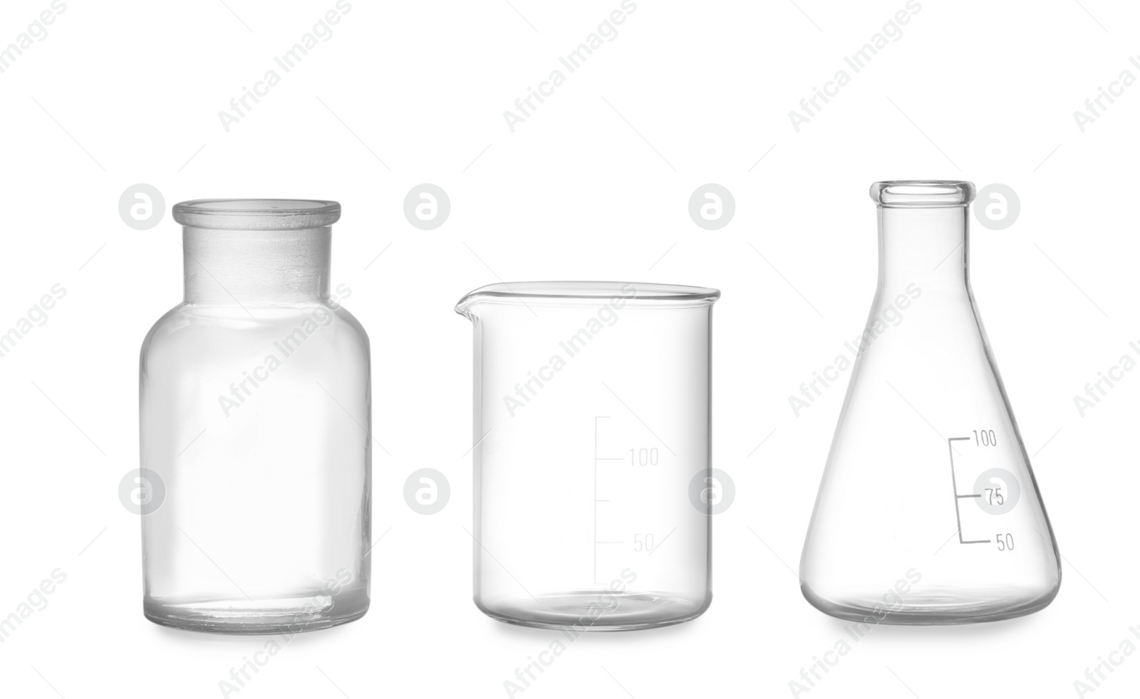 Photo of Clean empty laboratory glassware isolated on white