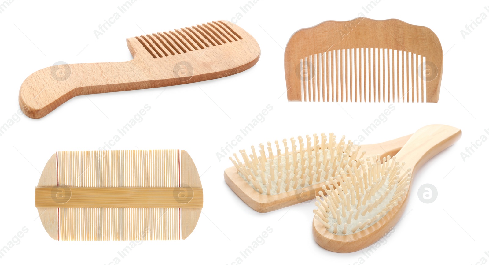 Image of Set with wooden hair brushes and combs on white background, banner design 