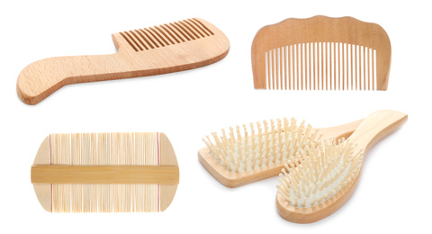 Image of Set with wooden hair brushes and combs on white background, banner design 