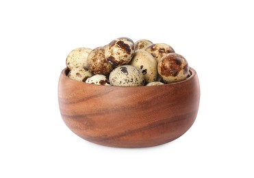 Wooden bowl with quail eggs isolated on white