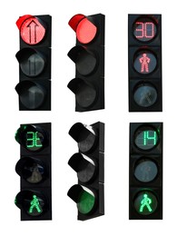 Image of Different traffic signals on white background, collage design