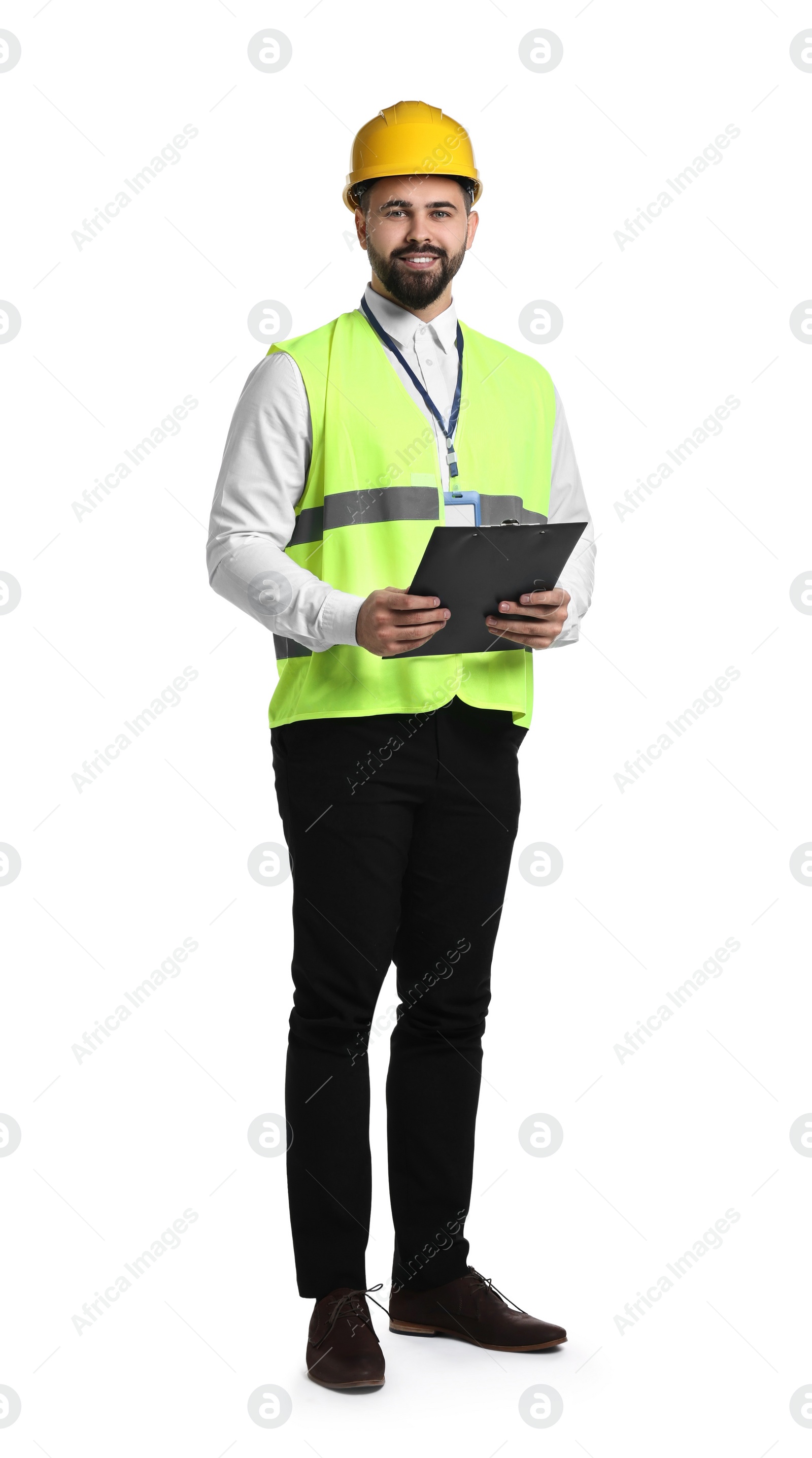 Photo of Engineer in hard hat holding clipboard on white background