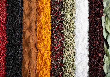 Many different spices as background, top view