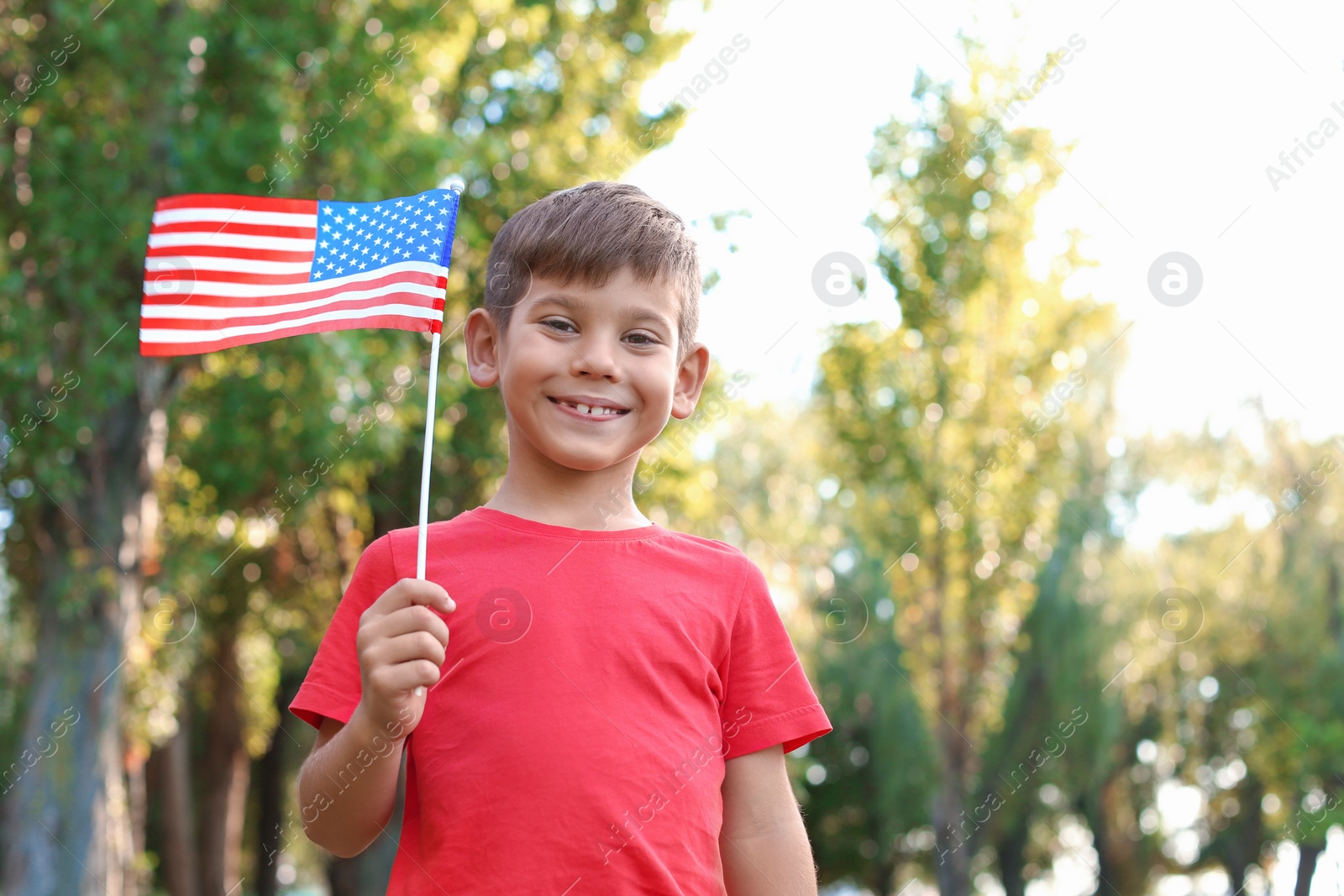 Photo of Cute little boy with American flag in park