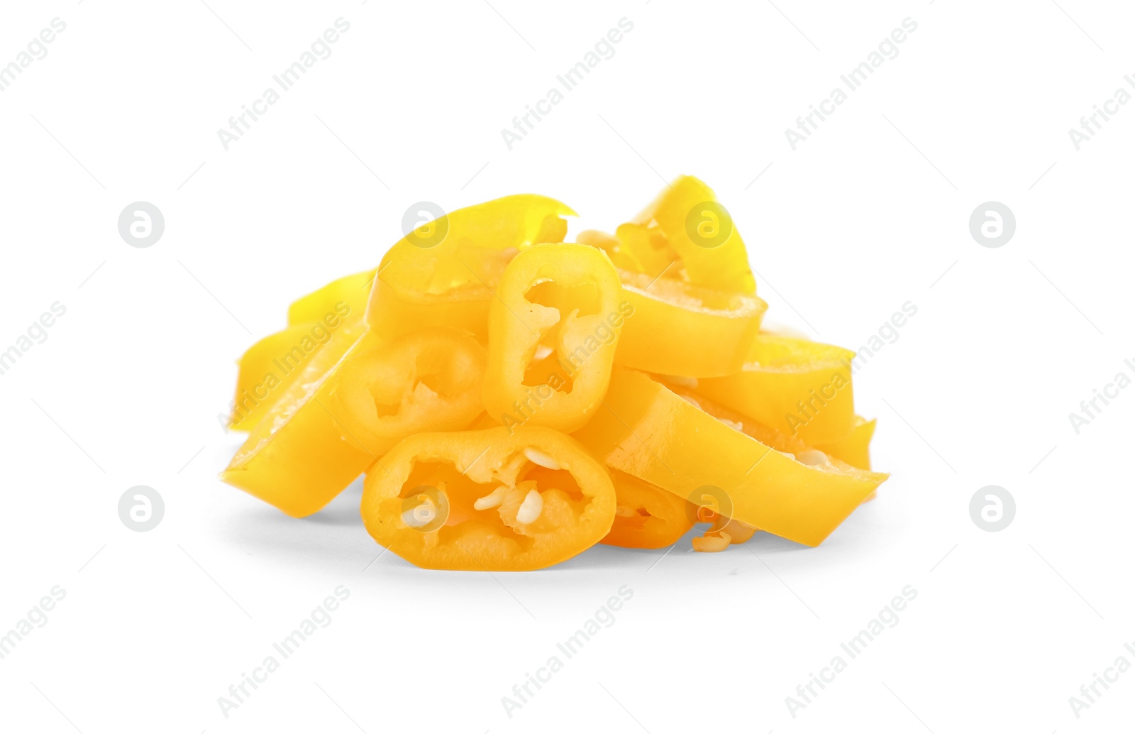 Photo of Pile of cut chili peppers on white background