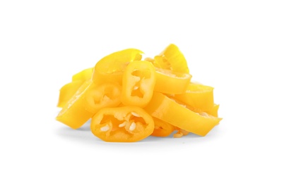 Photo of Pile of cut chili peppers on white background