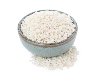 Photo of Bowl with raw rice isolated on white