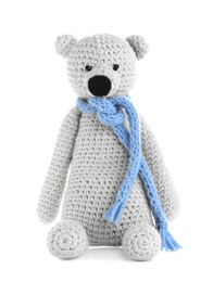 Photo of Cute knitted toy bear isolated on white