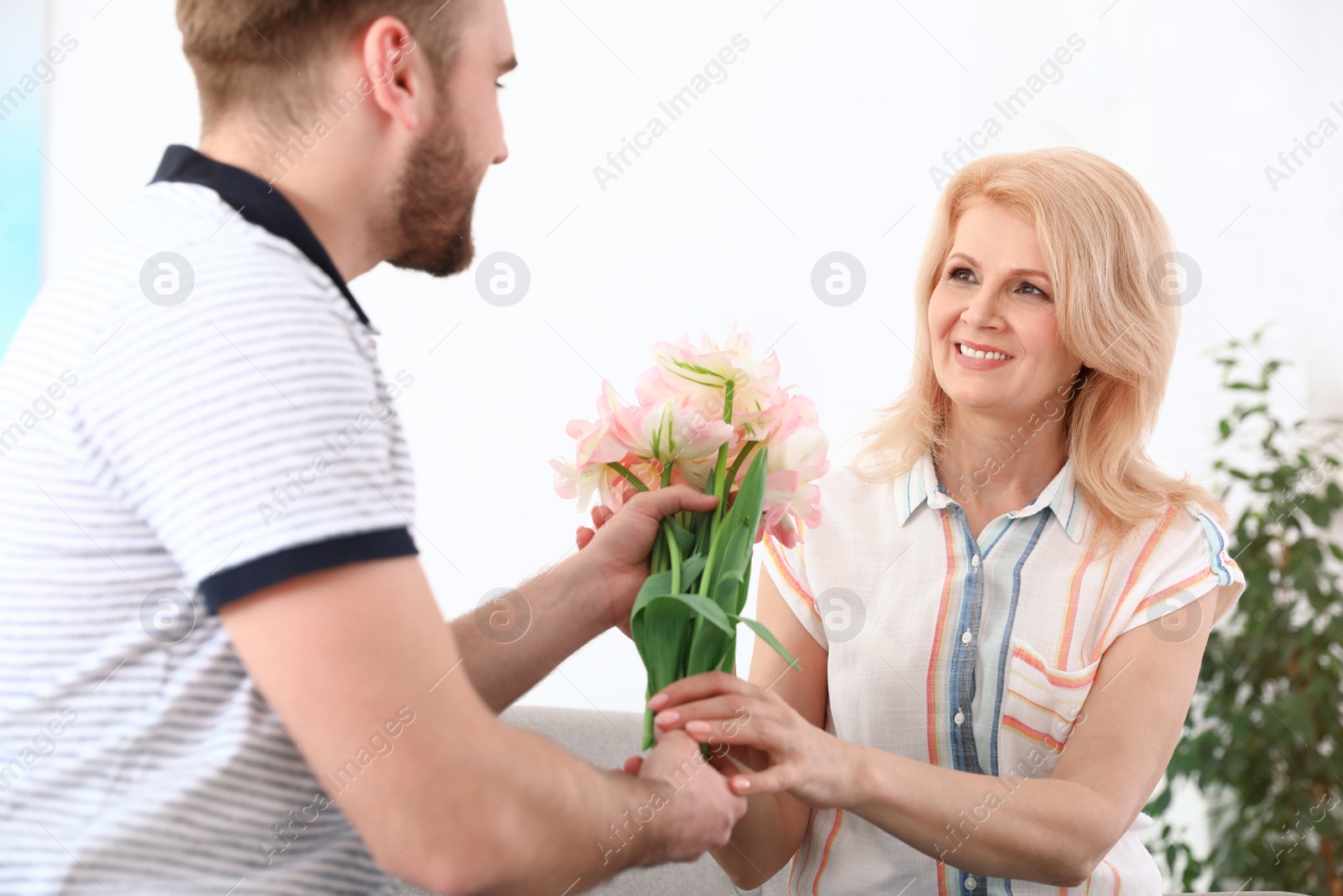 Photo of Young man congratulating his mature mom at home. Happy Mother's Day