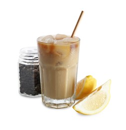 Iced coffee with milk, cut lemon and jar of roasted beans isolated on white