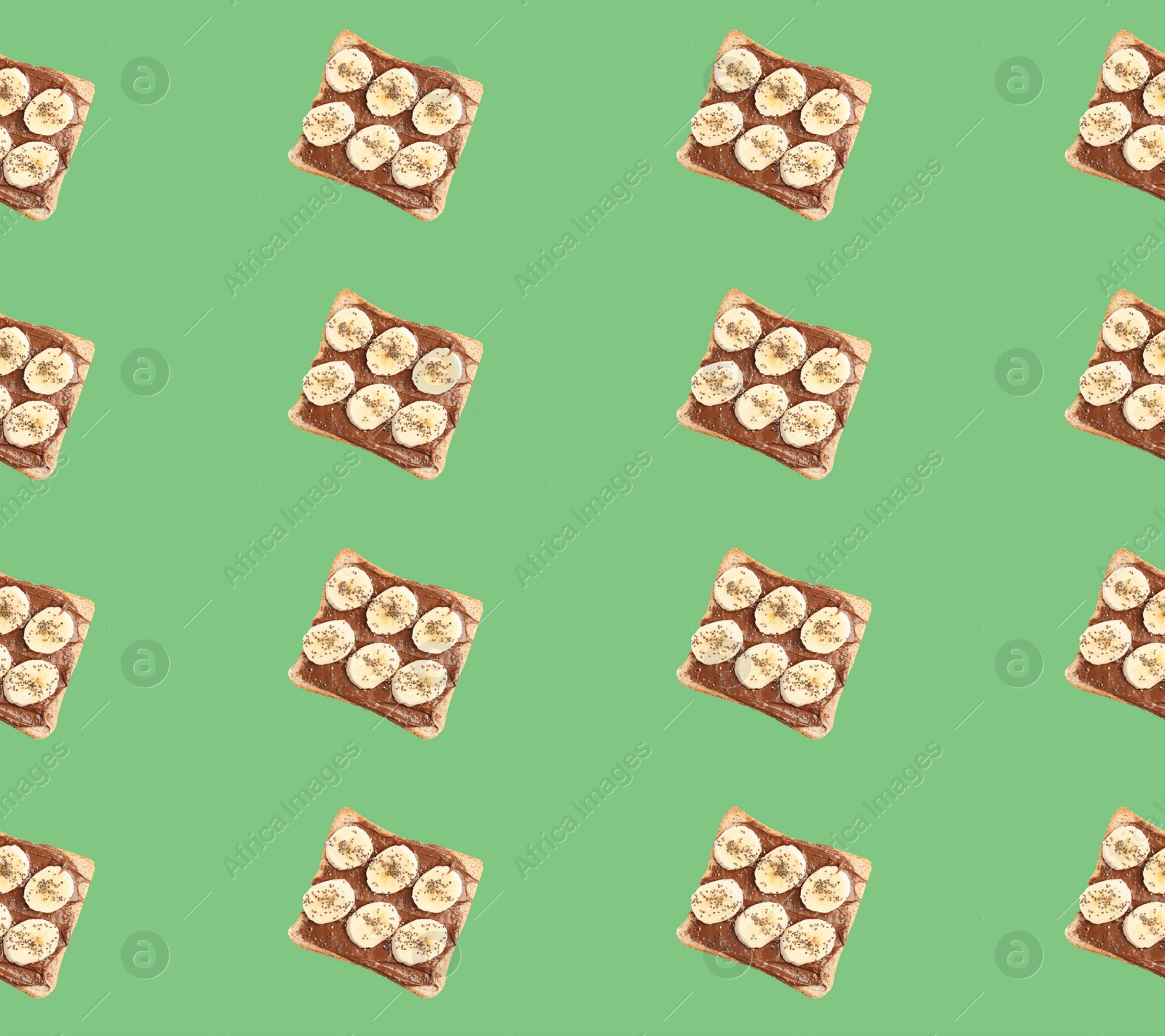 Image of Set of delicious toasted bread with chocolate spread and banana on green background, top view