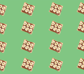 Image of Set of delicious toasted bread with chocolate spread and banana on green background, top view