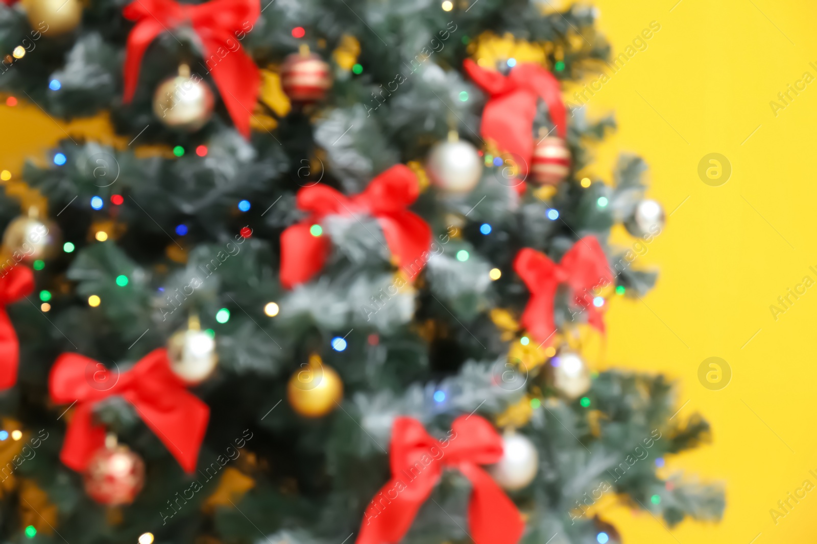 Photo of Blurred Christmas tree against color background. Celebration time