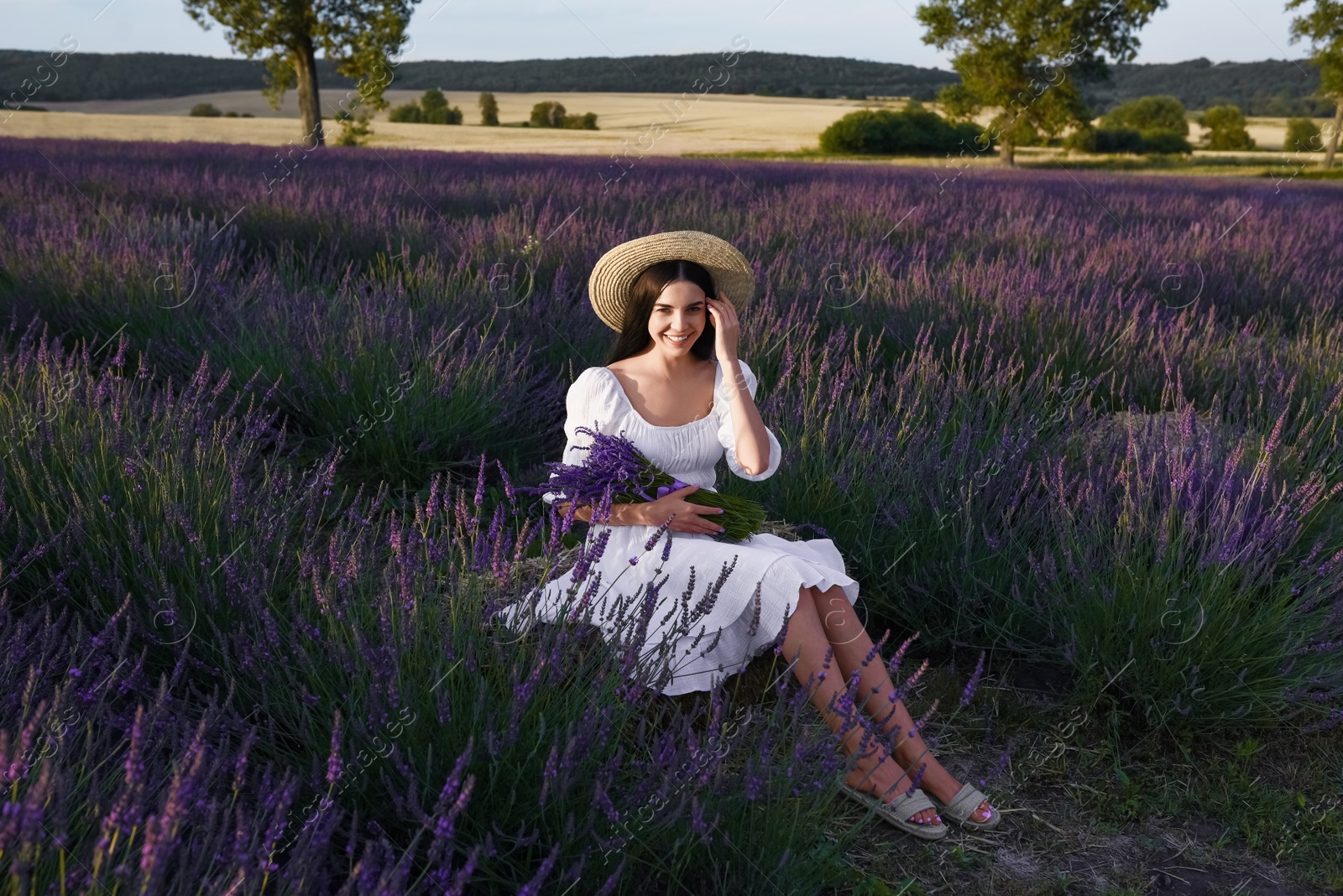 Photo of Beautiful young woman sitting in lavender field at sunset