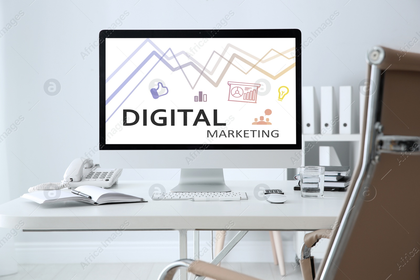 Digital marketing concept. Workplace with modern computer Image of Digital marketing concept. Workplace with modern computer