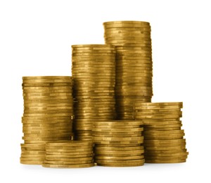 Photo of Many golden coins stacked on white background