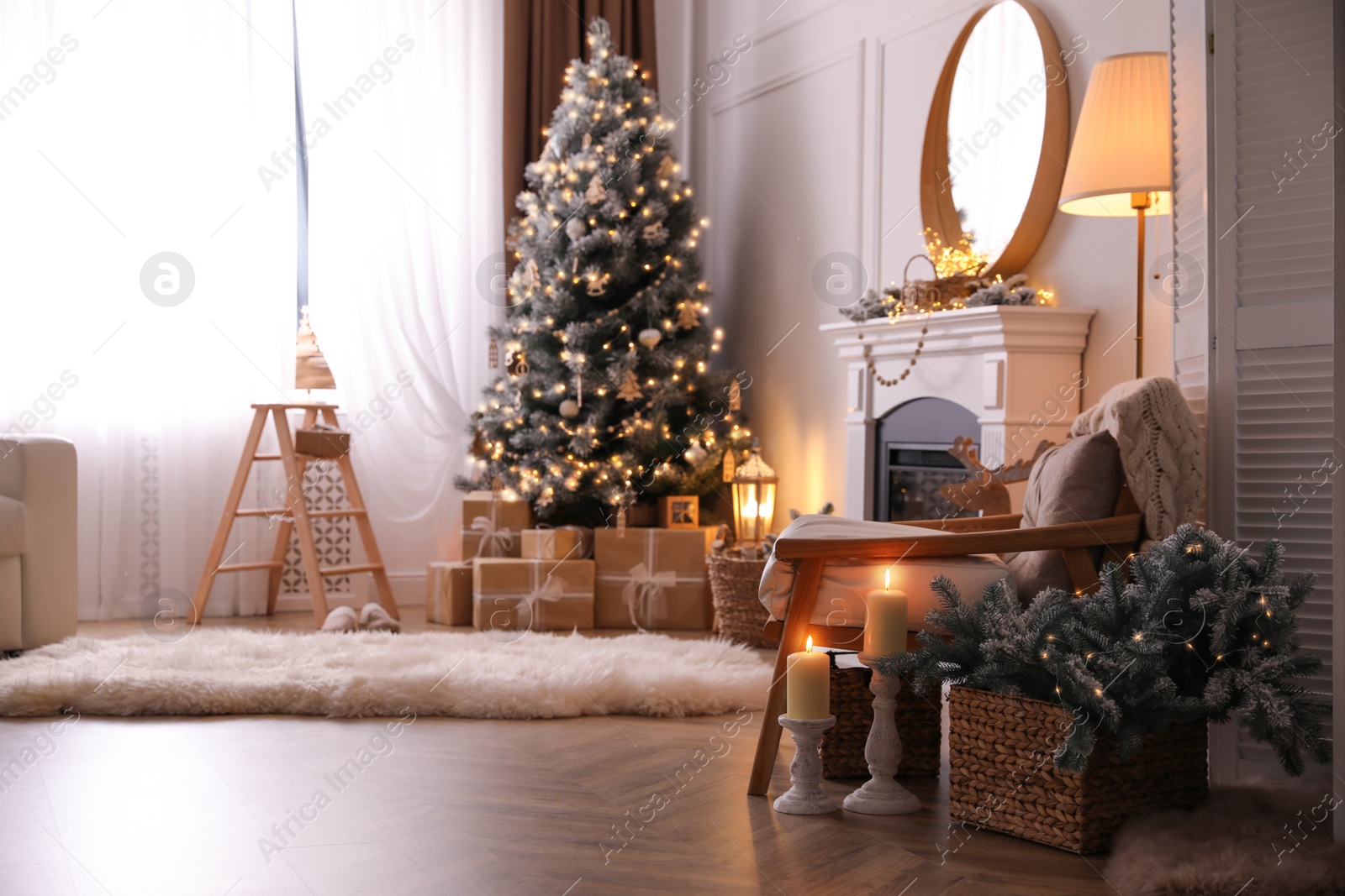 Photo of Beautiful room interior with Christmas tree and fireplace