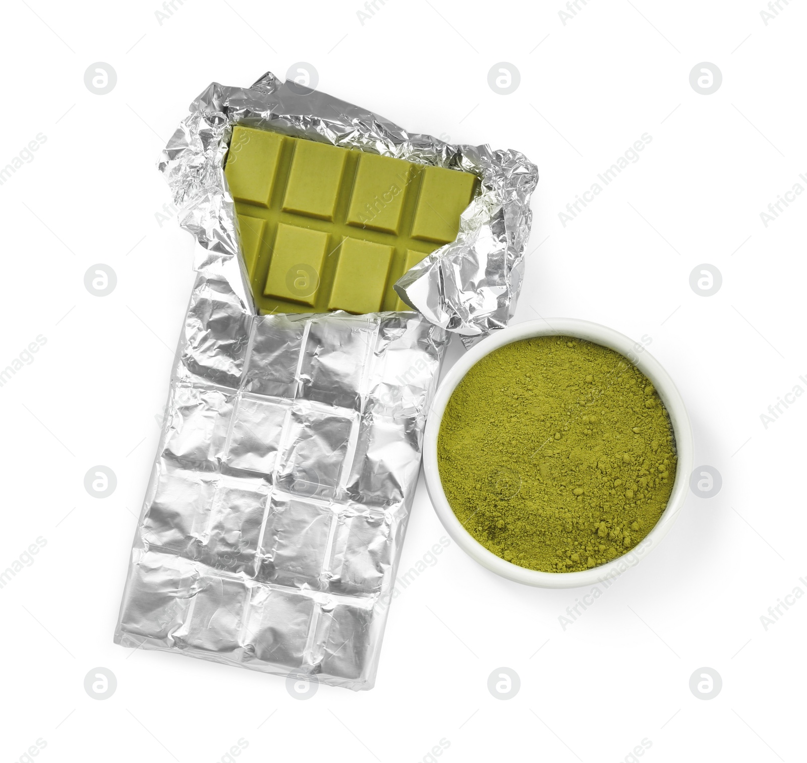 Photo of Tasty matcha chocolate bar wrapped in foil and powder isolated on white, top view