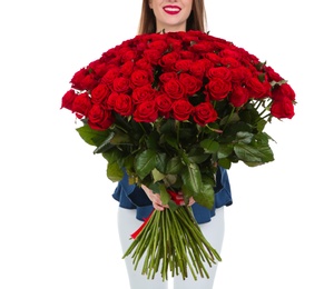 Photo of Young woman with bouquet of roses on white background, closeup