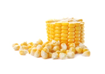 Tasty sweet corn cob on white background