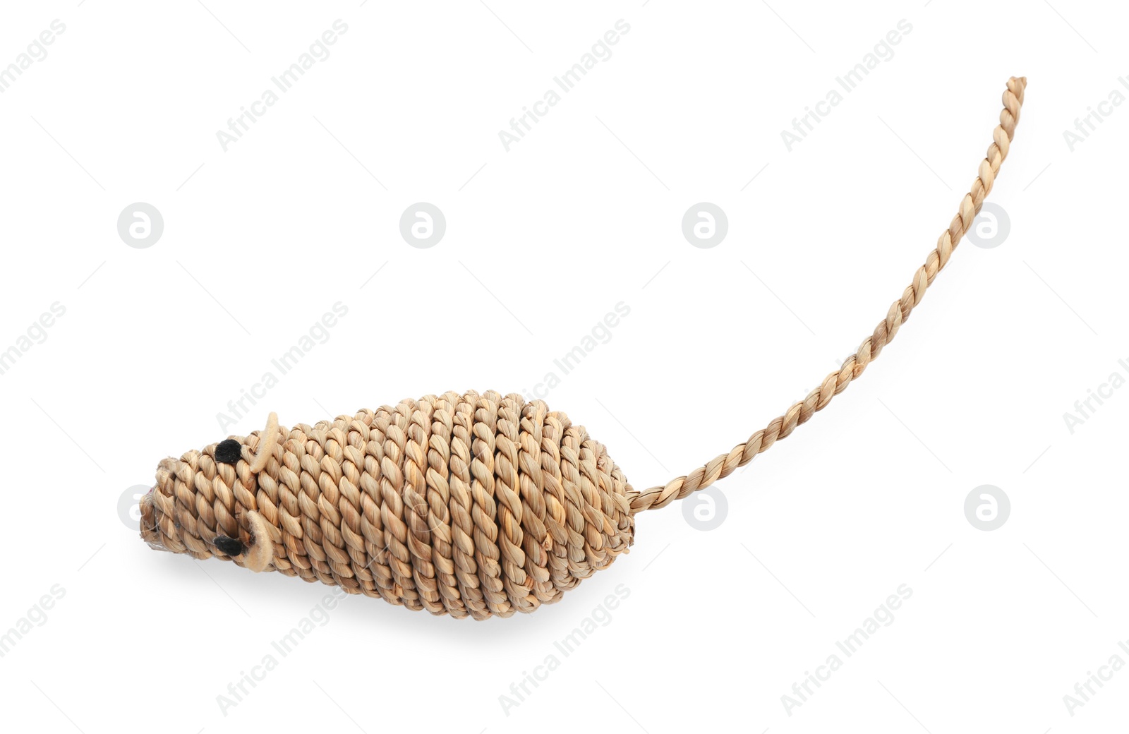 Photo of Straw mouse for cat on white background, top view. Pet toy