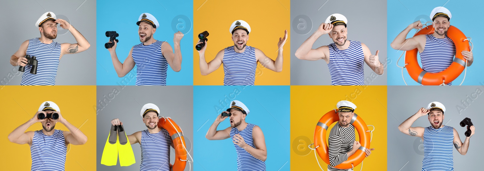 Image of Collage with photos of sailors on different color backgrounds