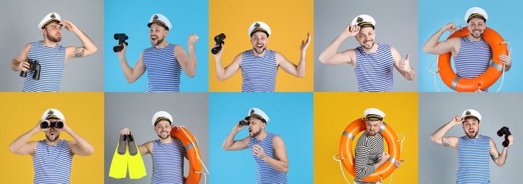 Image of Collage with photos of sailors on different color backgrounds