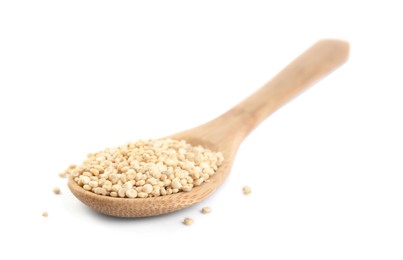 Wooden spoon with quinoa on white background