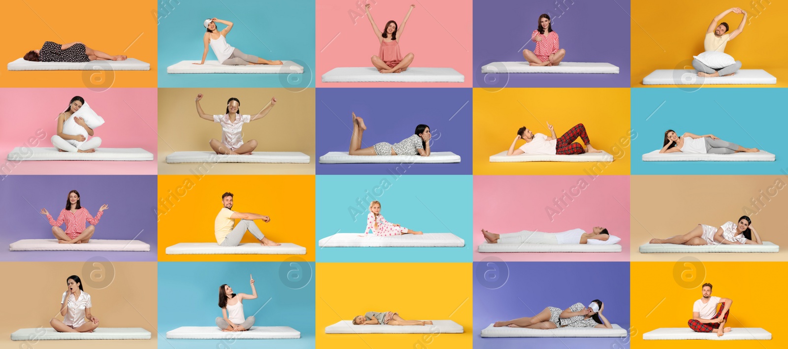 Image of Collage with photos of people on soft comfortable mattresses on different color backgrounds