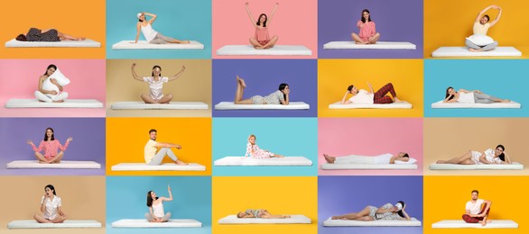 Image of Collage with photos of people on soft comfortable mattresses on different color backgrounds