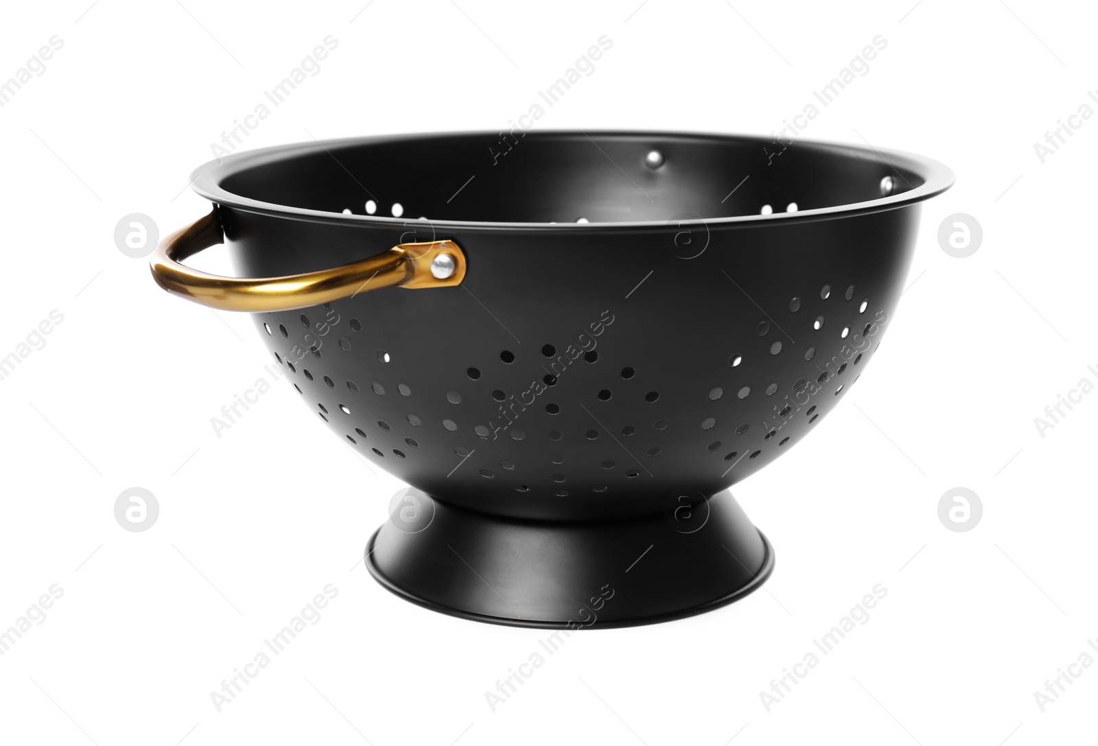 Photo of One black metal colander isolated on white