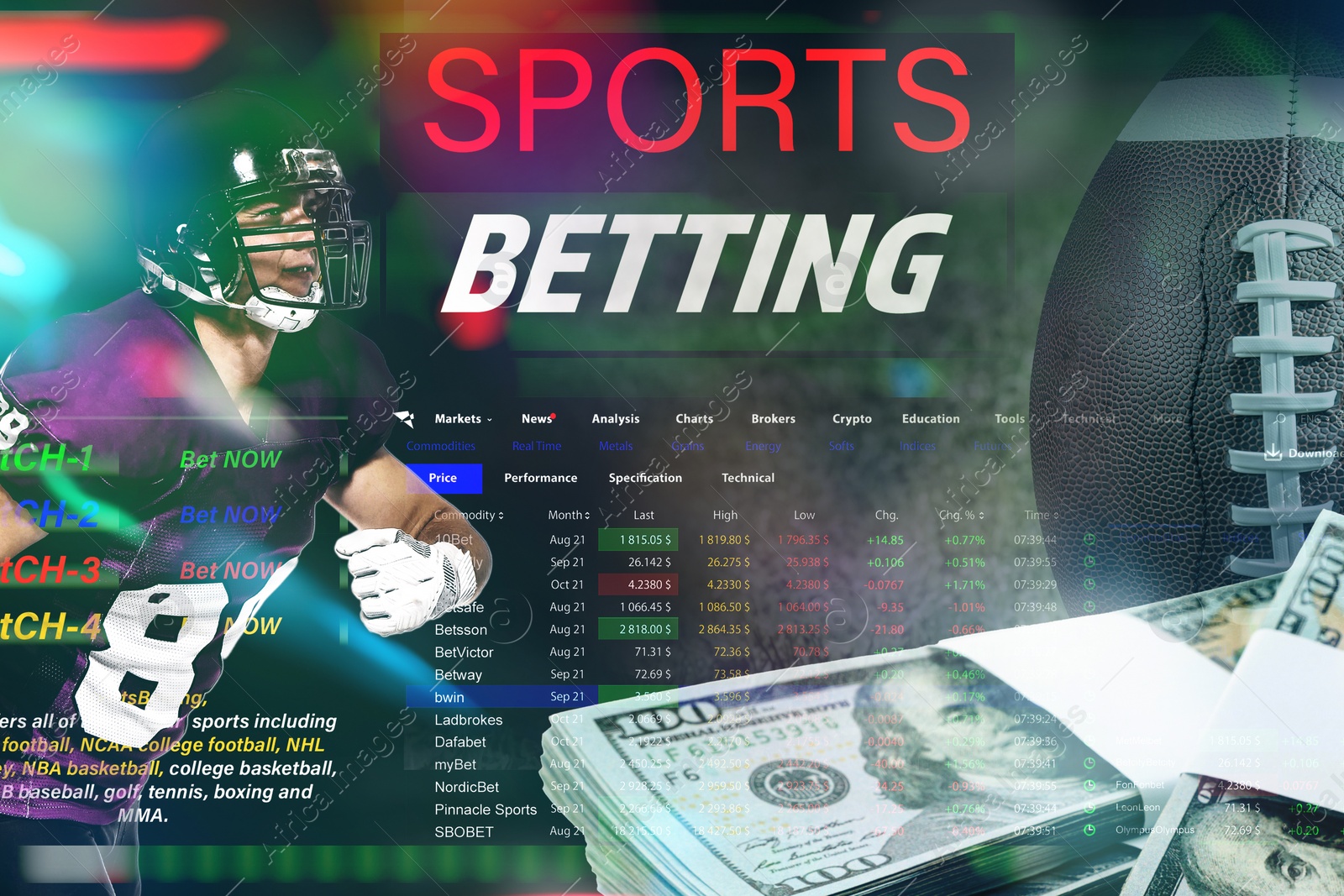 Image of Sports betting. Multiple exposure with American football player, ball, money and website page