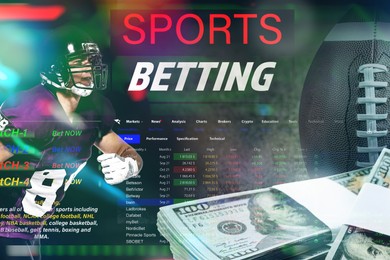 Sports betting. Multiple exposure with American football player, ball, money and website page