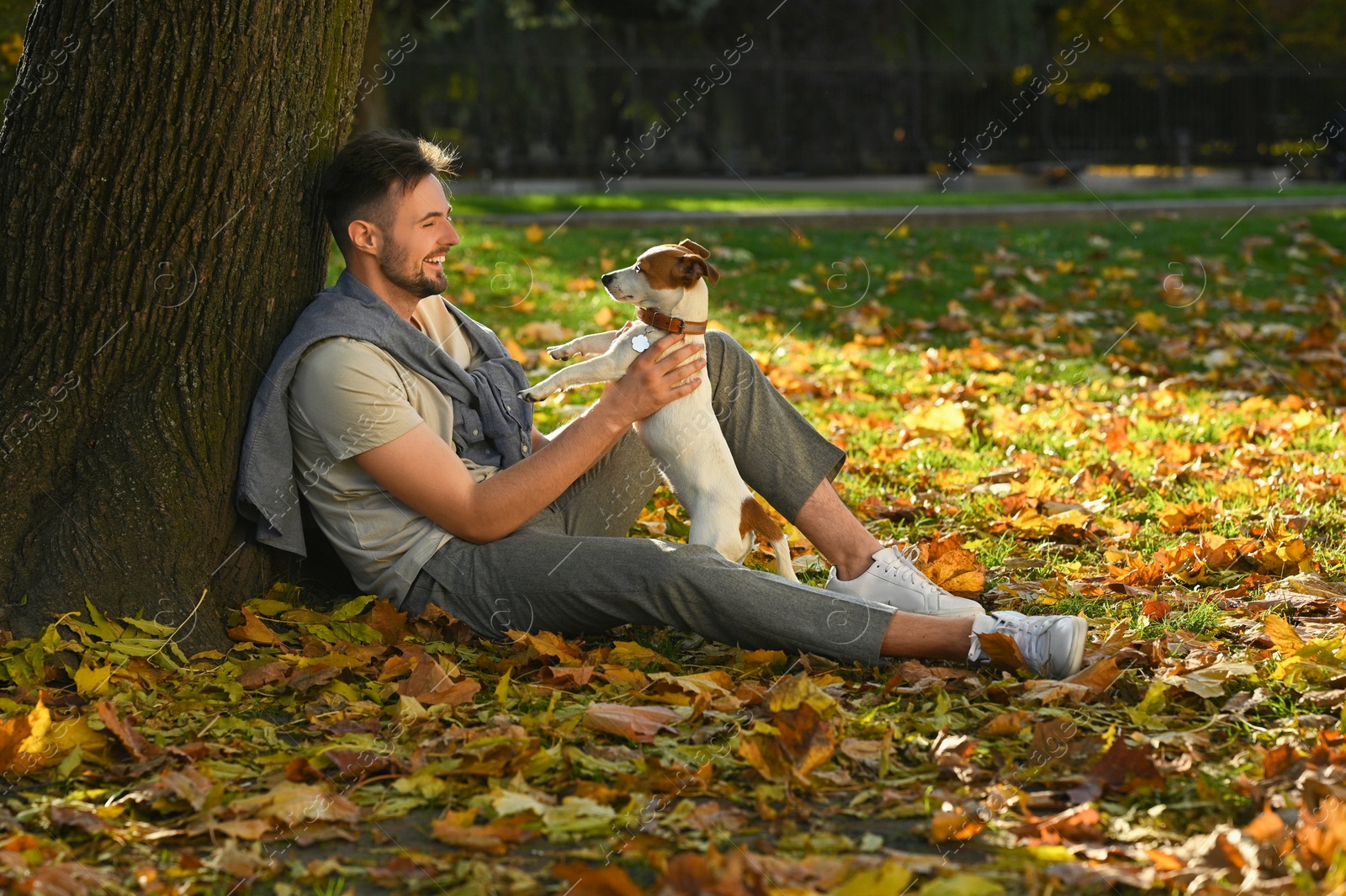 Photo of Man with adorable Jack Russell Terrier in autumn park, space for text. Dog walking