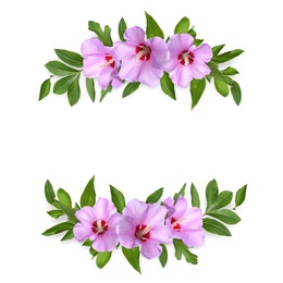 Image of Wreaths made of beautiful flowers on white background