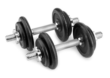 Metal dumbbells isolated on white. Sports equipment