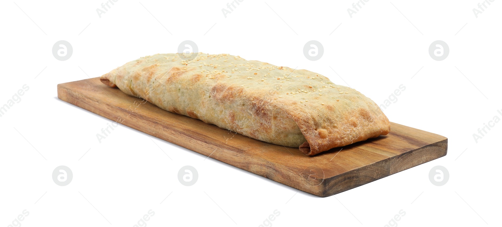 Photo of Delicious strudel with tasty filling isolated on white