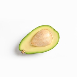 Half of avocado on white background, top view. Natural food high in protein