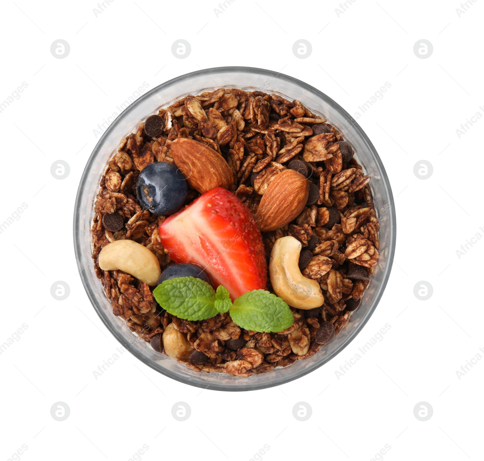 Photo of Tasty granola with berries and nuts in glass isolated on white, top view