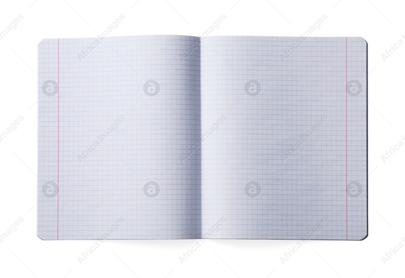 Photo of Open copybook with checkered sheets of paper on white background, top view